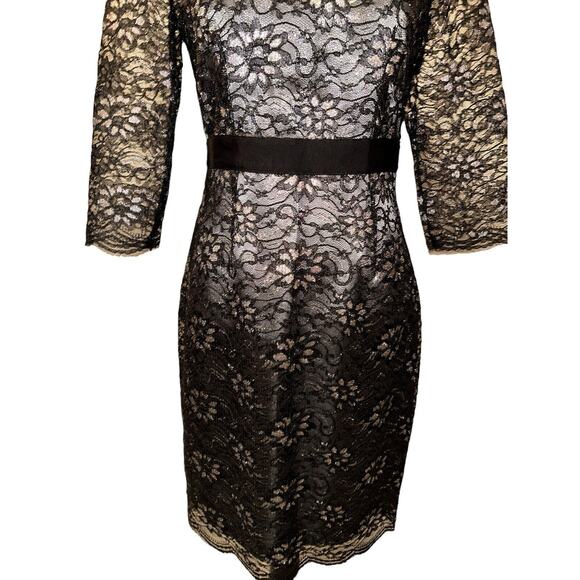 Banana Republic Black Gold Floral Lace Dress Cocktail Elegant V Neck 3/4 Sleeve - Picture 4 of 14